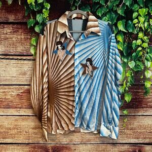 Vintage 1970s Nik Nik Grey Star Sunrise Silk Button Up Shirt XL Blouse Dancers